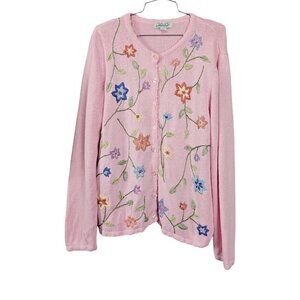 Haband Floral Embroidered Knit Long Sleeve Cardigan Vintage Pink Sweater